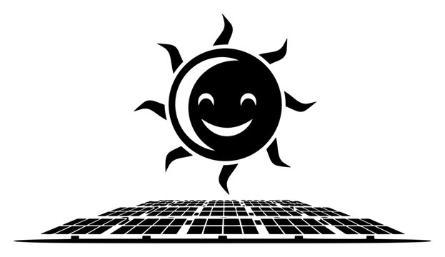 Solar panels and happy smiling sun silhouette, renewable green energy and ecology concept