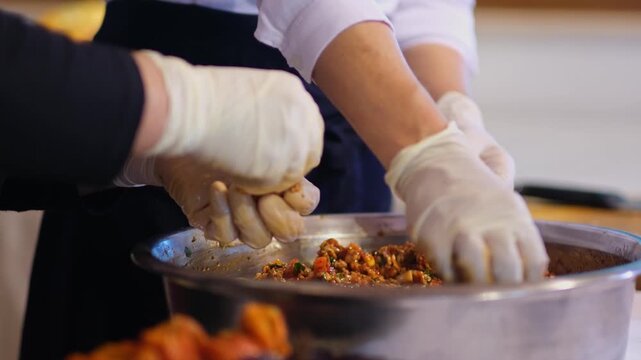 Stuffed vegetables are carefully arranged in a pot in an organized manner. The process highlights traditional cooking preparation, attention to detail, and structured layering in a kitchen environment