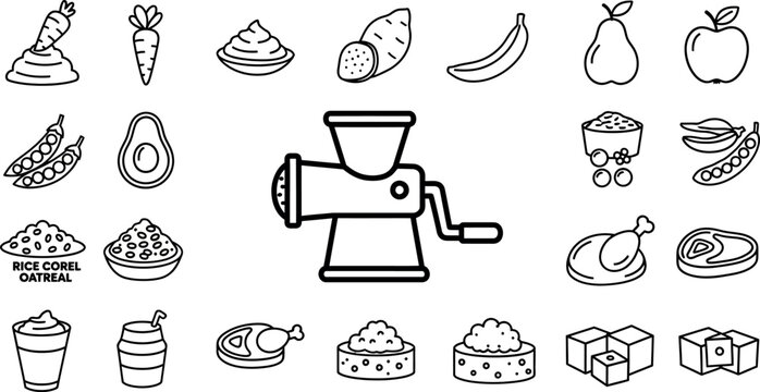 Meat grinder with various food including fruits, vegetables, and grains food fruits kitchen appliances