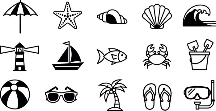 Beach black and white, including umbrella, starfish, sailboat, sunglasses, palm tree seashell