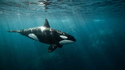 Obraz premium Majestic orca whale gracefully swimming through sunlit ocean waters surrounded by a school of small fish