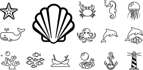 Black and white ocean including sea creatures and nautical symbols marine life © GT Designs