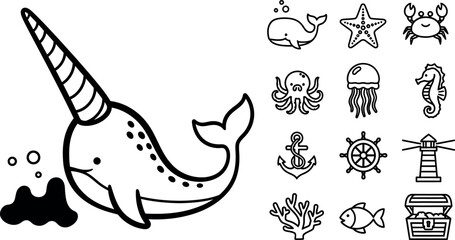 Black and white of a smiling narwhal with ocean including sea creatures and nautical symbols © GT Designs