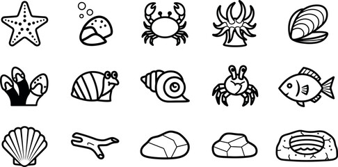 Black and white sea creature including starfish, crabs, shells, and fish sea creatures ocean animals © GT Designs