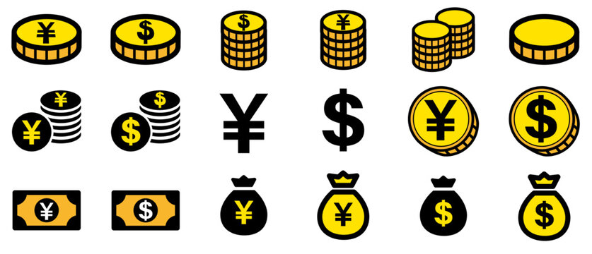 投資・通貨のイエローカラーアイコンセット（コイン・紙幣・円ドルマークの金融シンボル／高コントラストデザイン素材）