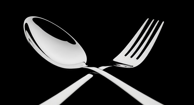 Shiny spoon and fork crossed on black background, showcasing dining utensils