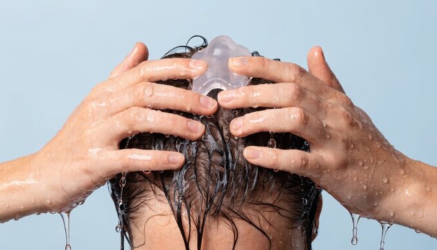 Hands lathering shampoo into dark wet hair in a close up view