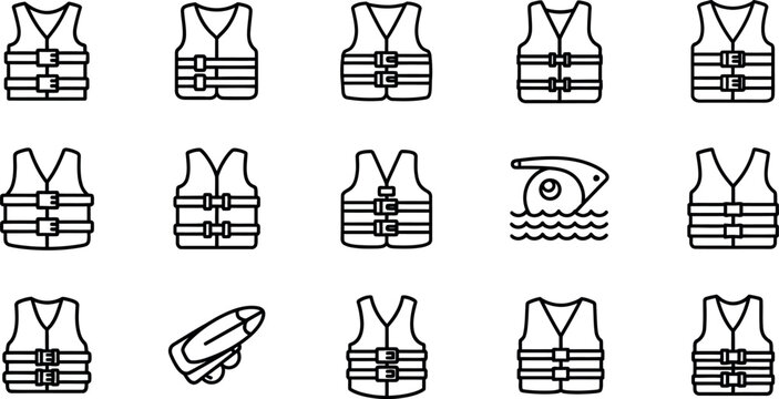 Life vests and safety black line on white background, safety vests life jackets safety black and white