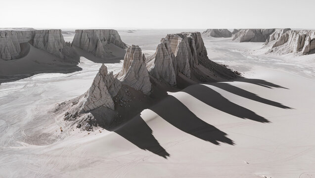Desert Yardang Landscape with Dramatic Shadows Under Clear Sky