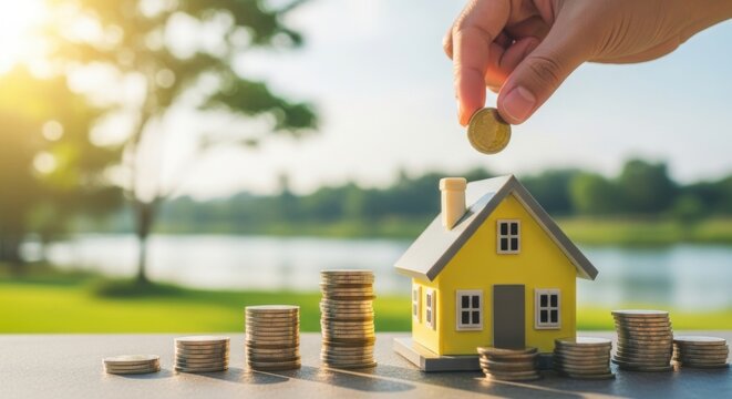 Hand placing coin on stack next to miniature house, symbolizing home ownership, savings, and investment