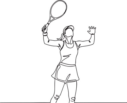 Tennis player celebrating victory with raised arms and racket Continuous Line Art Vector Illustration