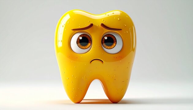 A sad yellow cartoon tooth with big eyes and a worried expression on a plain background.