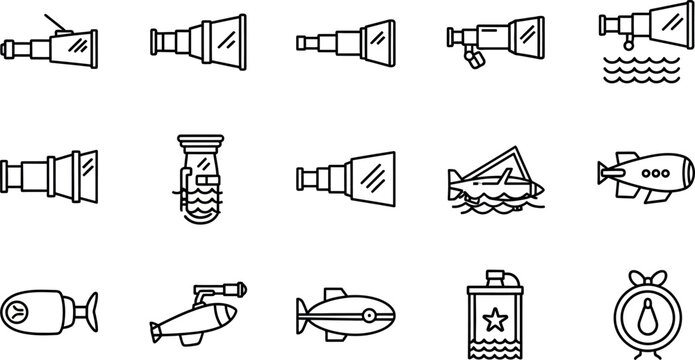 Line of various torpedoes and underwater mines line black and white naval military