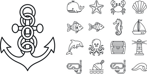 Nautical set, including anchor, sea creatures, and beach symbols fish dolphin octopus © GT Designs