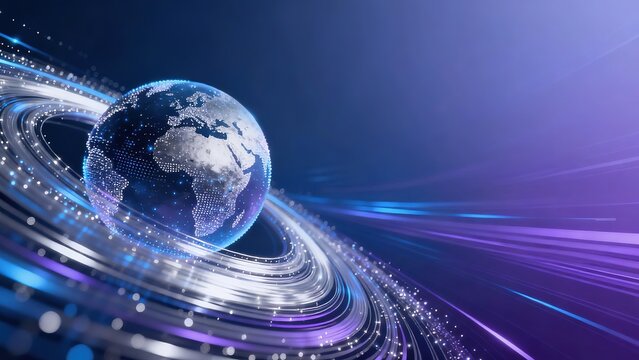 Futuristic Blue-Purple-Silver Gradient Backdrop with Particle Planet and Flowing Light Beams for High-Tech Press Conference, 8K Wireframe Composition