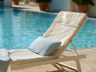 Fototapeta premium Empty sun lounger placed near a swimming pool, slightly top-down angled shot, clean minimal design with a place for text, vacation lifestyle. AI generative