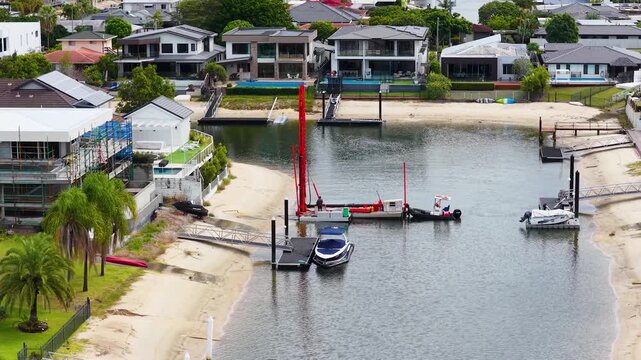 Aerial View of Piling Rig Working in Gold Coast Canal