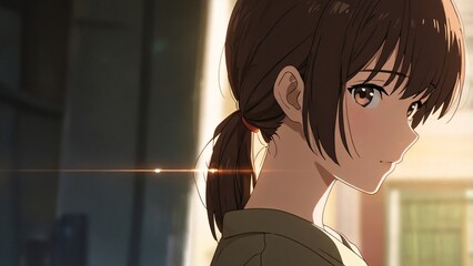 Naklejka premium Cinematic side portrait of a beautiful anime girl with brown hair in a ponytail. Emotional atmospheric manga art style with golden hour lighting and copy space.