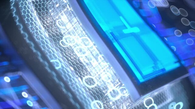 3D animation: a translucent chip linked to motherboard. As number 0 jumps, the chip drops and light particles scatter, turning on power. Blue high-performance GPU.