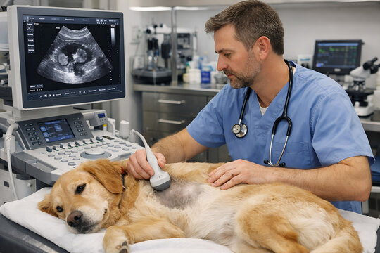 Veterinarian performing ultrasound examination on calm dog in modern animal hospital, advanced veterinary technology, realistic clinic environment, professional healthcare concept, ultra realistic, hi
