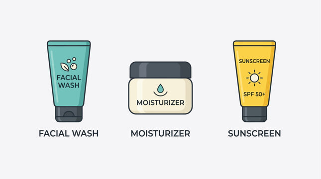 A clean flat design vector illustration of essential skincare products, including face wash, toner, and cream, designed with a modern and minimalist aesthetic.