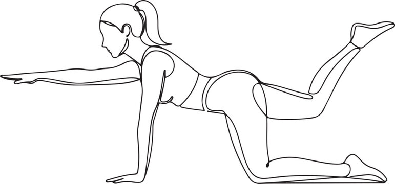 Woman doing side plank exercise on floor Continuous Line Art Vector Illustration