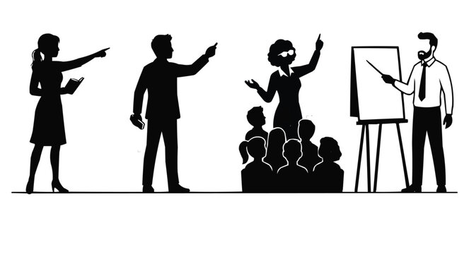 Teachers and Presenters Silhouettes Set, Educators Teaching Students and Giving Presentations with Flipcharts Vector