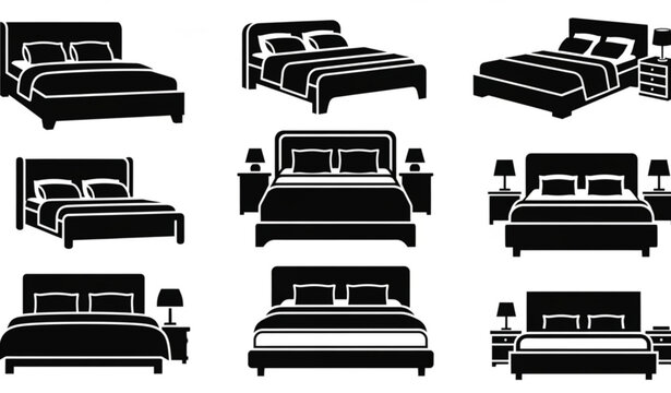 Minimal double bed furniture silhouette icons for bedroom interior vector illustration