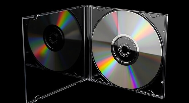 Two reflective compact discs inside a transparent plastic case against a black backdrop
