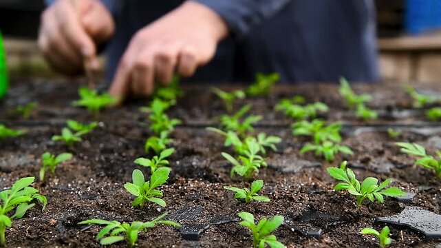 Close-up of human hands with small plants in the process of sowing in the soil in a greenhouse or nursery.
