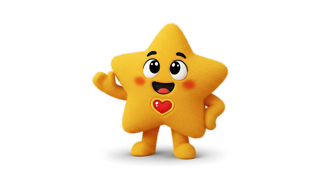 Cute cartoon star mascot standing and waving with a red heart on chest isolated on white background high quality 3d character design for your project.