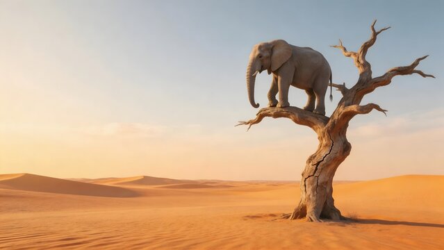 Elephant perched on tree in desert