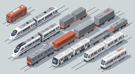 Collection of modern trains and cargo wagons isometric view. © Vario