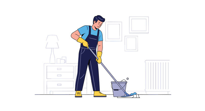 Professional male cleaner in blue overalls and yellow gloves mops the floor in a living room, maintaining a clean and tidy home environment.
