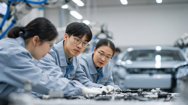Focused Asian engineer team assembling electric vehicle part inside modern factory expressing intense concentration during work
