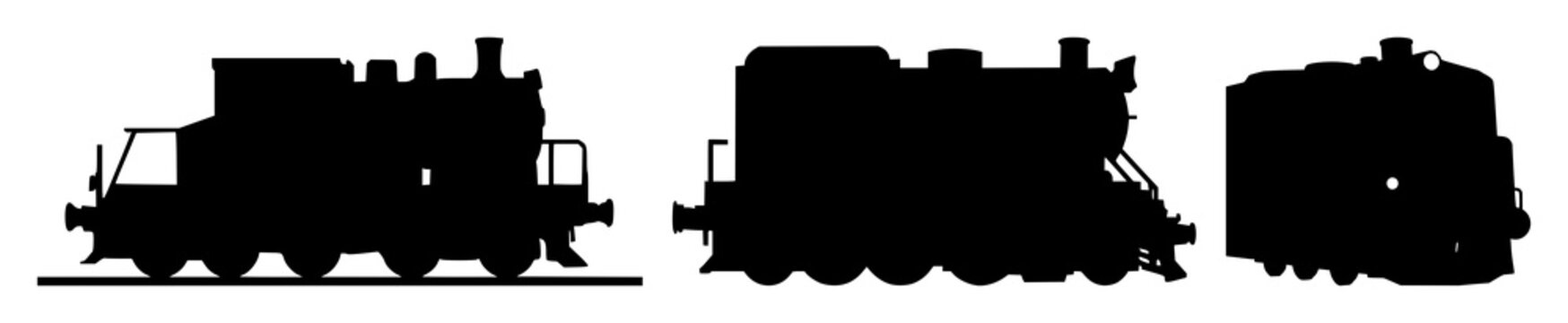 Train engine set with black silhouette against white background featuring locomotive, rail, industrial with train and engine
