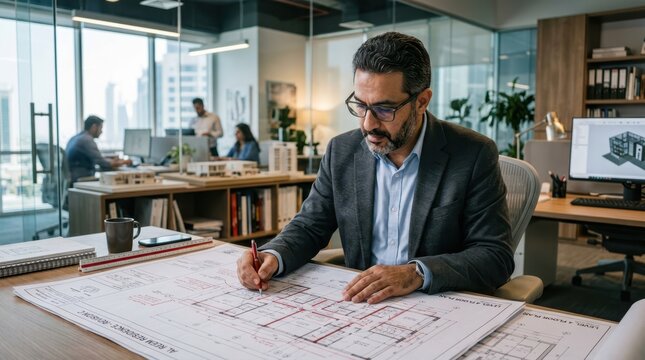 Architect reviewing blueprints and 3D model in a modern office setting