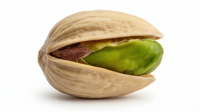 Single pistachio nut in a partially opened beige shell showing the green kernel inside isolated