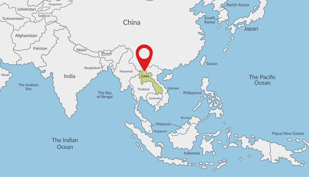 Laos on a political map of Asia with location marker3. Travel concept. Vector flat template.