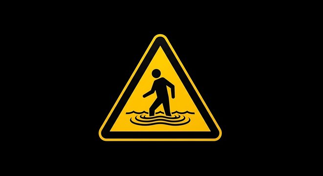 Yellow warning sign on black background. Figure walking through water hazard