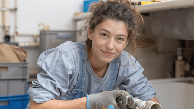 Confident young female plumber fixing kitchen sink pipe with tool. Smiling woman doing home repair plumbing maintenance job indoors
