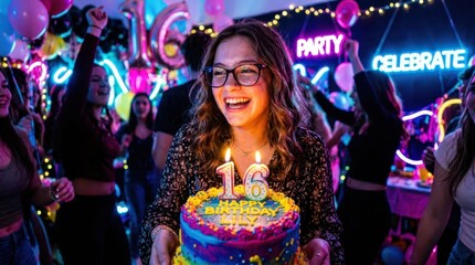 Naklejka premium Young woman celebrating her 16th birthday with a colorful cake and friends
