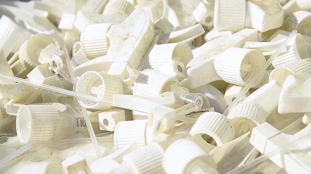 Close-up of numerous white plastic caps and parts of plastic bottles.