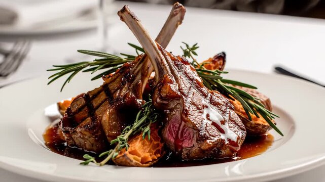 Gourmet grilled lamb chops with rosemary on white plate