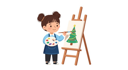 Fototapeta premium Creative young girl wearing an apron and holding a palette while painting a decorated Christmas tree on a wooden easel.