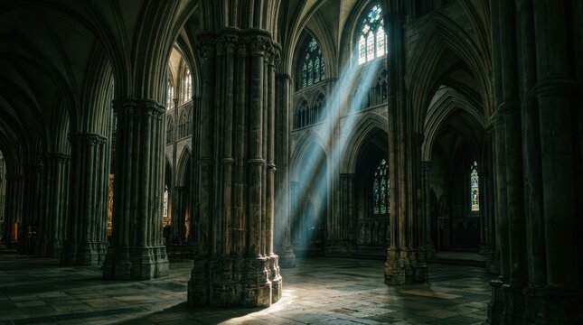 Sunbeams illuminate the grand nave of a gothic cathedral with towering columns