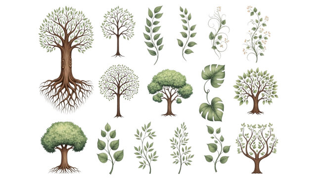 Beautifully illustrated set of botanical elements trees, roots, branches, and leaves, perfect for natural design projects