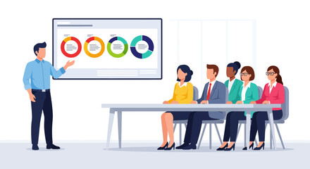 Obraz premium Project Manager Presenting Colorful Circular Diagrams to a Group of Attentive Colleagues in a Minimalist Office