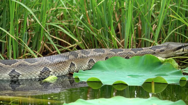 Large python snake resting on green lotus leaf in swamp water ecosystem