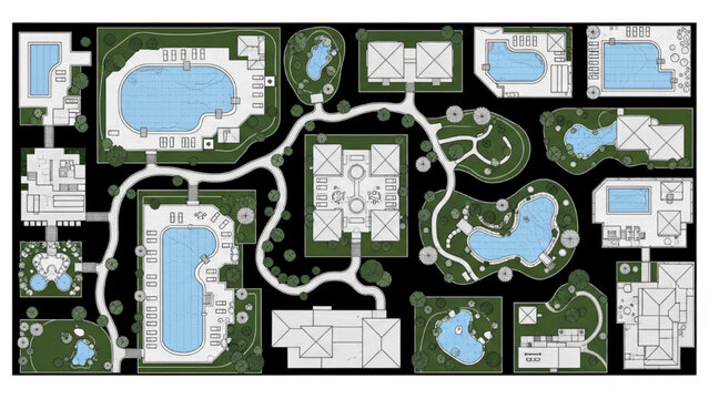 A 2D AutoCAD map of a resort layout with various buildings and pools.